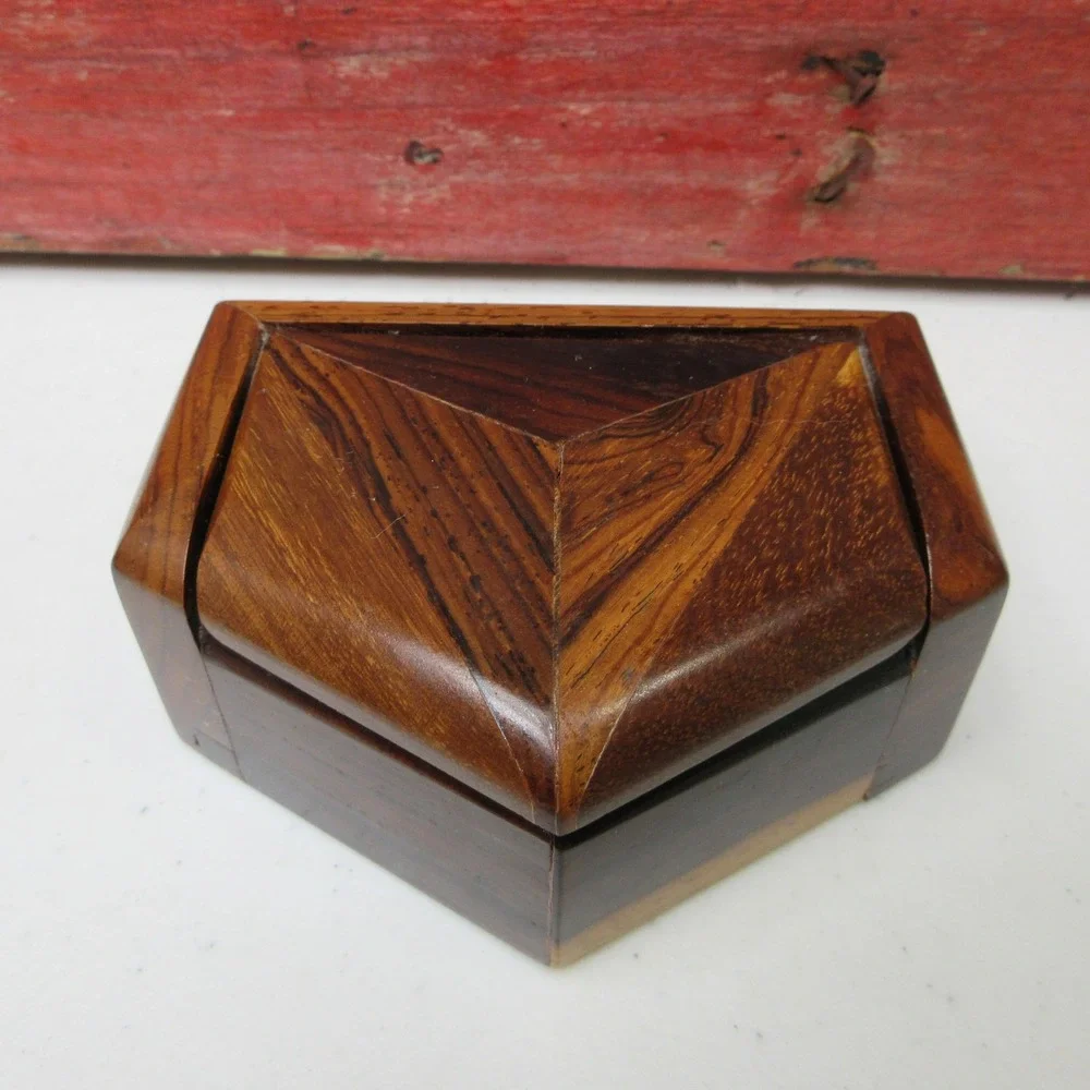 Vintage Geometric Wood Trinket Box Dark Light Brown Octagon Shape Felt Lined